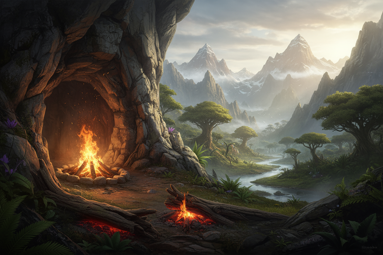 A prehistoric, but pretty place with a mountain side and a cave opening, with a primitive fire burning.